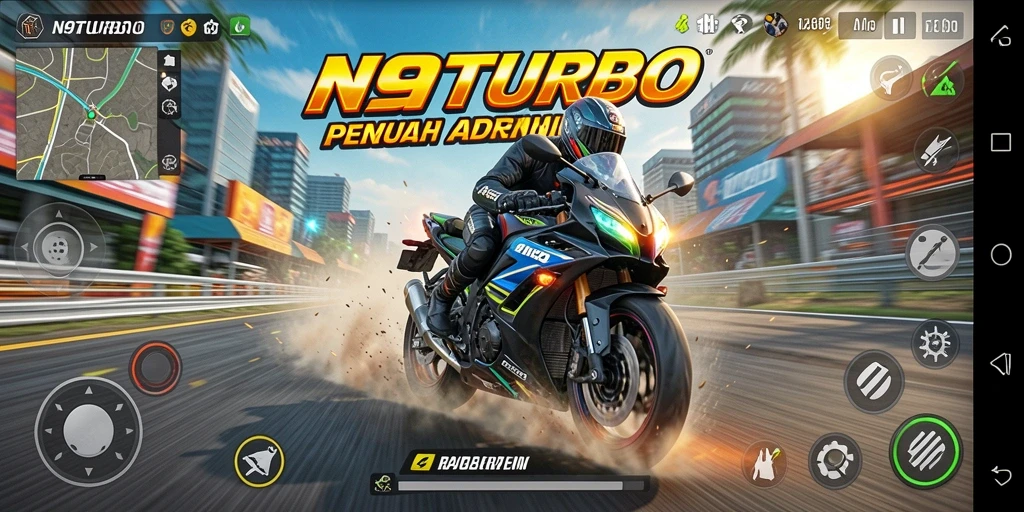 Tampilan gameplay N9TURBO dalam balapan motor yang mendebarkan.
