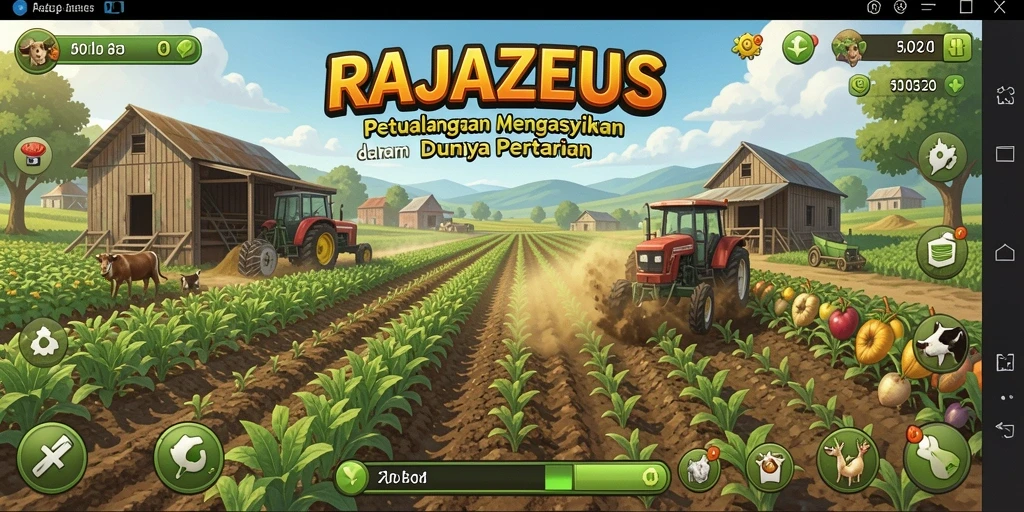 Tampilan gameplay RAJAZEUS yang penuh warna dalam dunia pertanian.