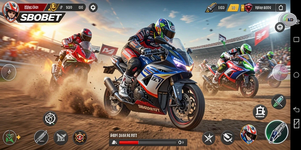 Screenshot gameplay menampilkan perlombaan motor yang penuh aksi.