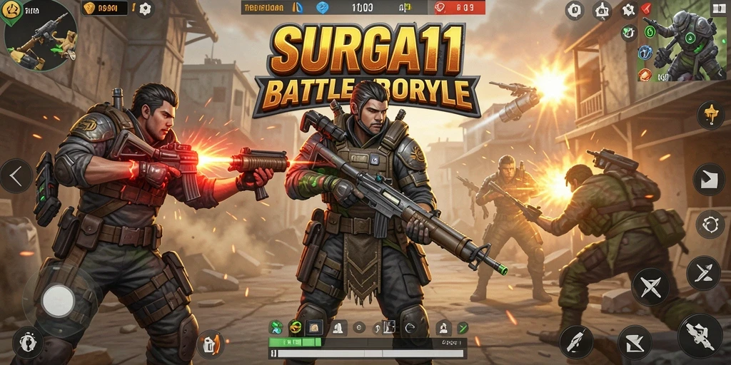 Tampilan gameplay SURGA11 yang intens dan mendebarkan di arena Battle Royale.