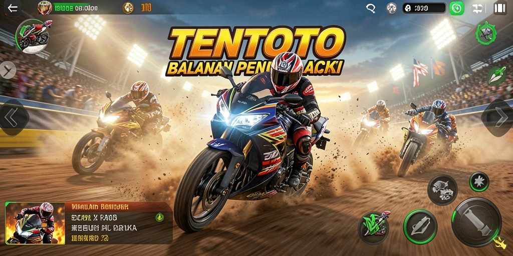 Tampilan gameplay TENTOTO dalam balapan motor yang intens.